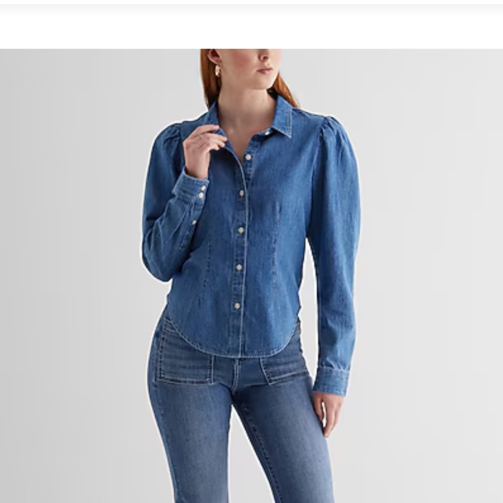 Express Denim Button-Up Blouse in Dark Blue